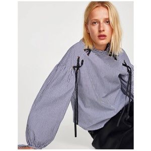 ZARA blue striped ribbon blouse
